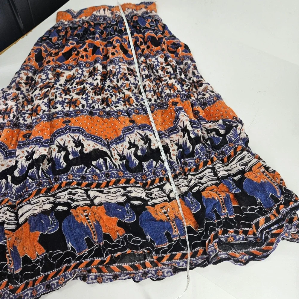 Vintage Semi-sheer Elephant Print Boho Maxi Skirt Orange Blue Black‎ White India